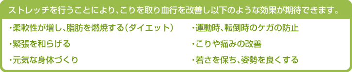 ストレッチを行うことにより、こりを取り血行を改善し以下のような効果が期待できます。